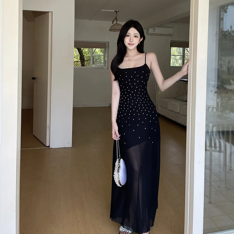Femme strass Camisole robe 2025 été coupe ajustée fête noir voir à travers maille longues robes robes Elegantes Feminino