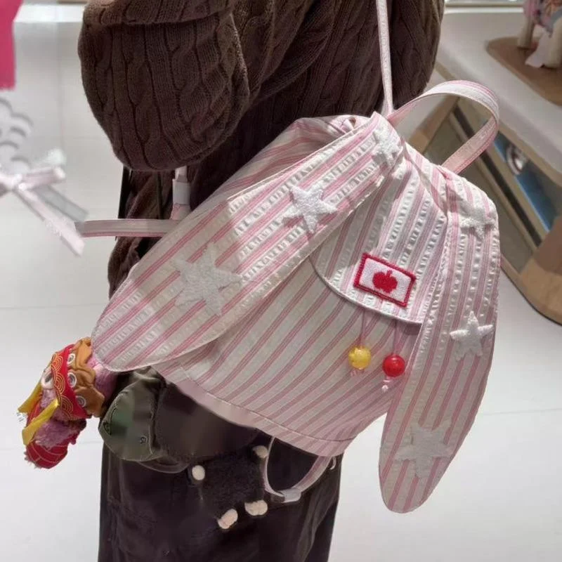 Rabbit Ear Striped Backpacks Korean Y2K Backpacks Sweet Playful Travel Zipper Canvas High Capacity Student 14 Inches Bag New
