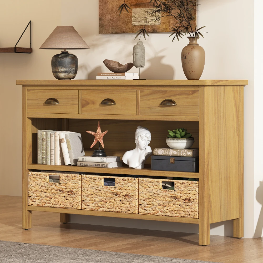 Vintage Console Table with Drawers, Water Hyacinth Woven Basket, Suitable for Entryway and Living Room Furniture