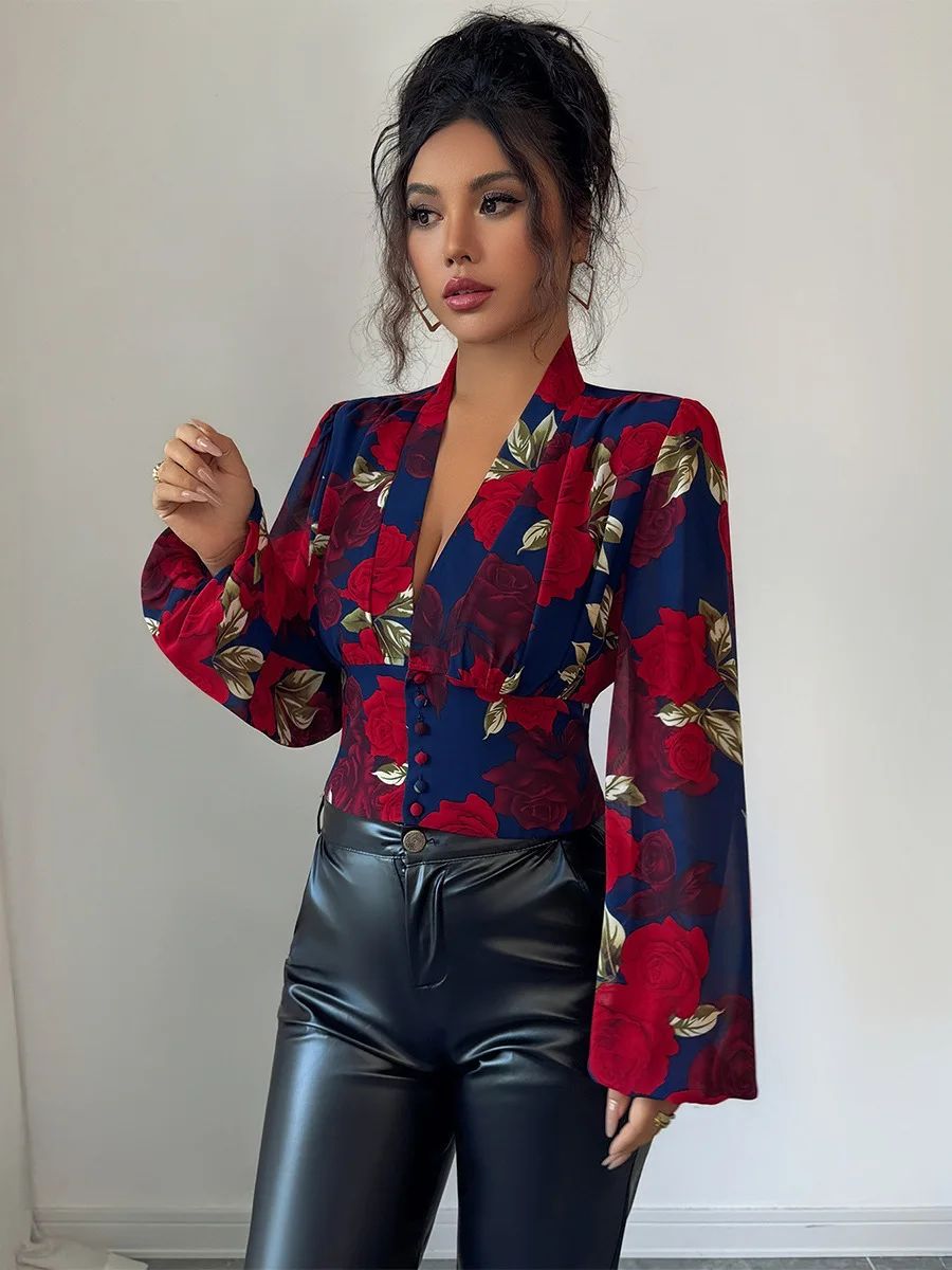 Ele Long Sve Mujer Cuello estampado irt Europeo Sle Bubble Sve Tela de poliéster Niña Otoño Faion irt