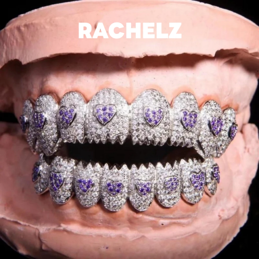RACHELZ Top Bottom Micro Pave Iced Out Purple Heart Zircon Teeth Grillz Hip Hop Full CZ Stone Tooth Caps Unisex Bling Jewelry