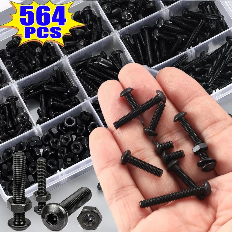 

282PCS/Box M3 Hex Button Head Cap Bolts Black Hexagon Sockets Button Head Drive Screw Nut Set Bolt Nut Fastener Assortment Kit