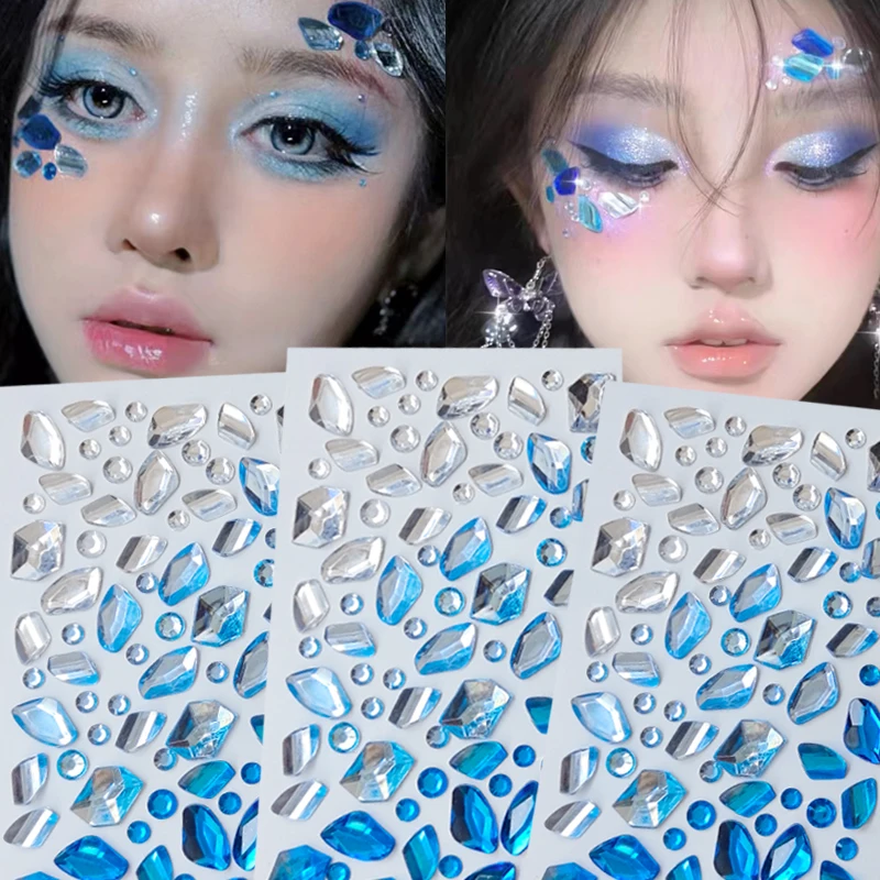 

Blue white ice cube Stereo Gem Stickers Makeup Holiday Music Festival Face Jewels Stickers Cool Dance Party Cosplay Fake Tattoos