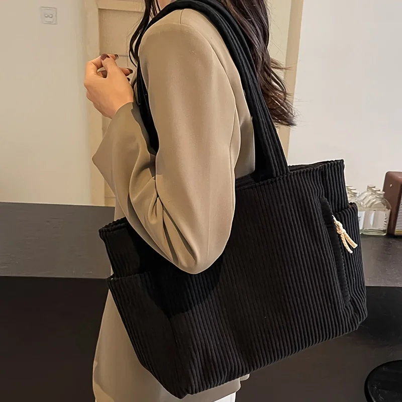Leichte Cord-Handtasche mit großem Fassungsvermögen und Reißverschluss, einfarbige lässige Umhängetasche für den täglichen Pendelverkehr – Detail 9