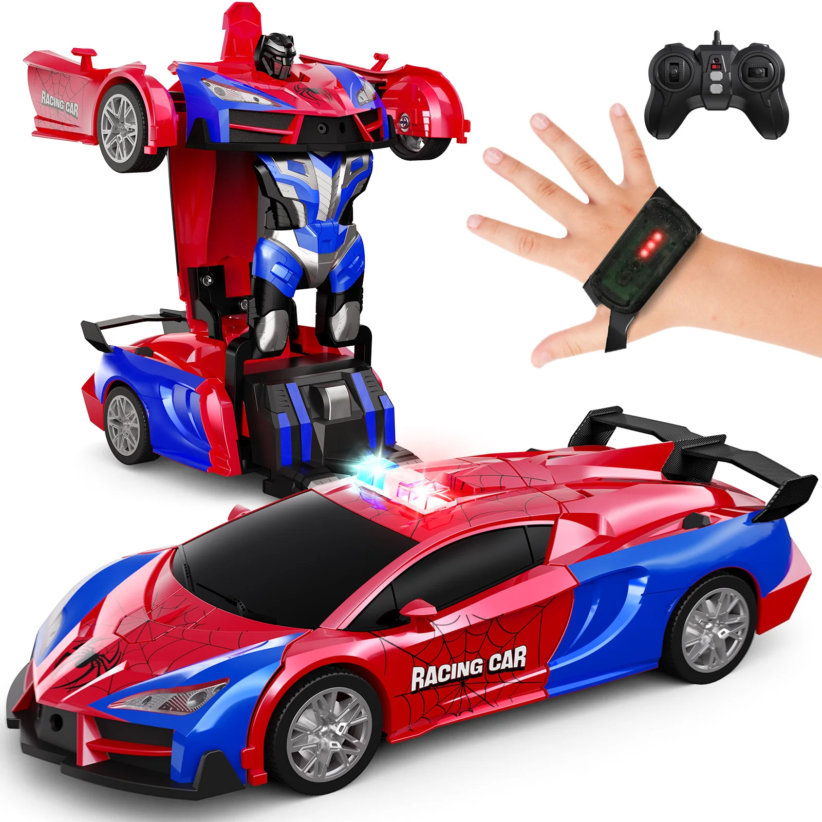 Carro de controle remoto-detecção de gestos, transformar carros RC para crianças, brinquedo robô de transformação de um botão de 2,4 GHz com luzes LED