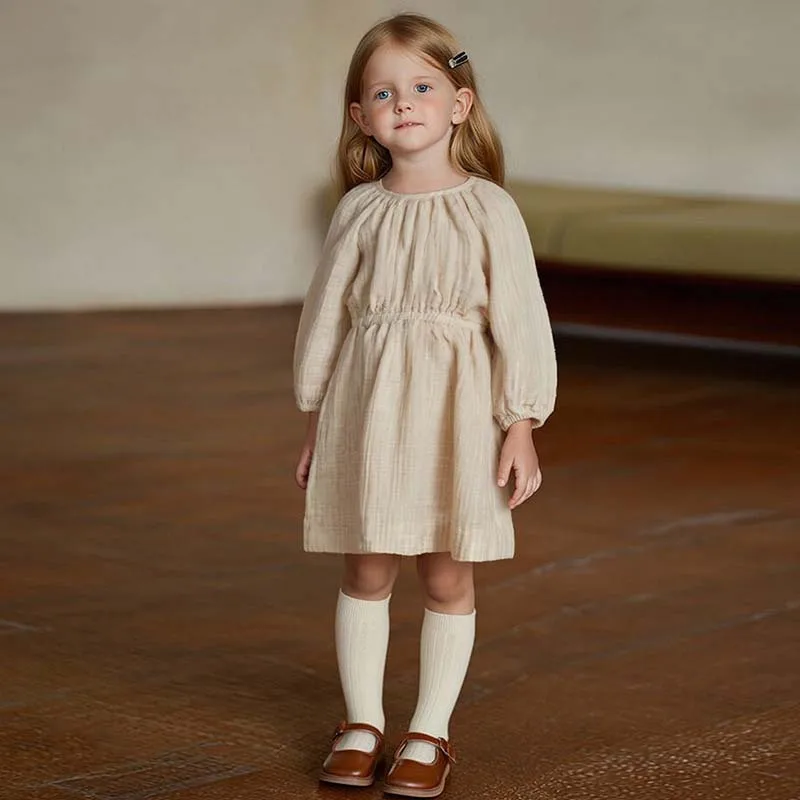 Spring Kid Girls Double-layer Crepe Dress Cotton Children Girls Princess Dress Round Collar Infant Babys Girls Long Sleeve Dress