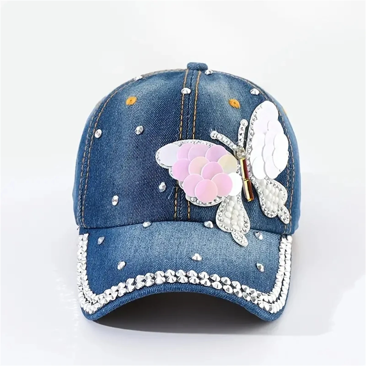 New Ladies denim diamond-encrusted casual show face small fashionable Western style show temperament cap