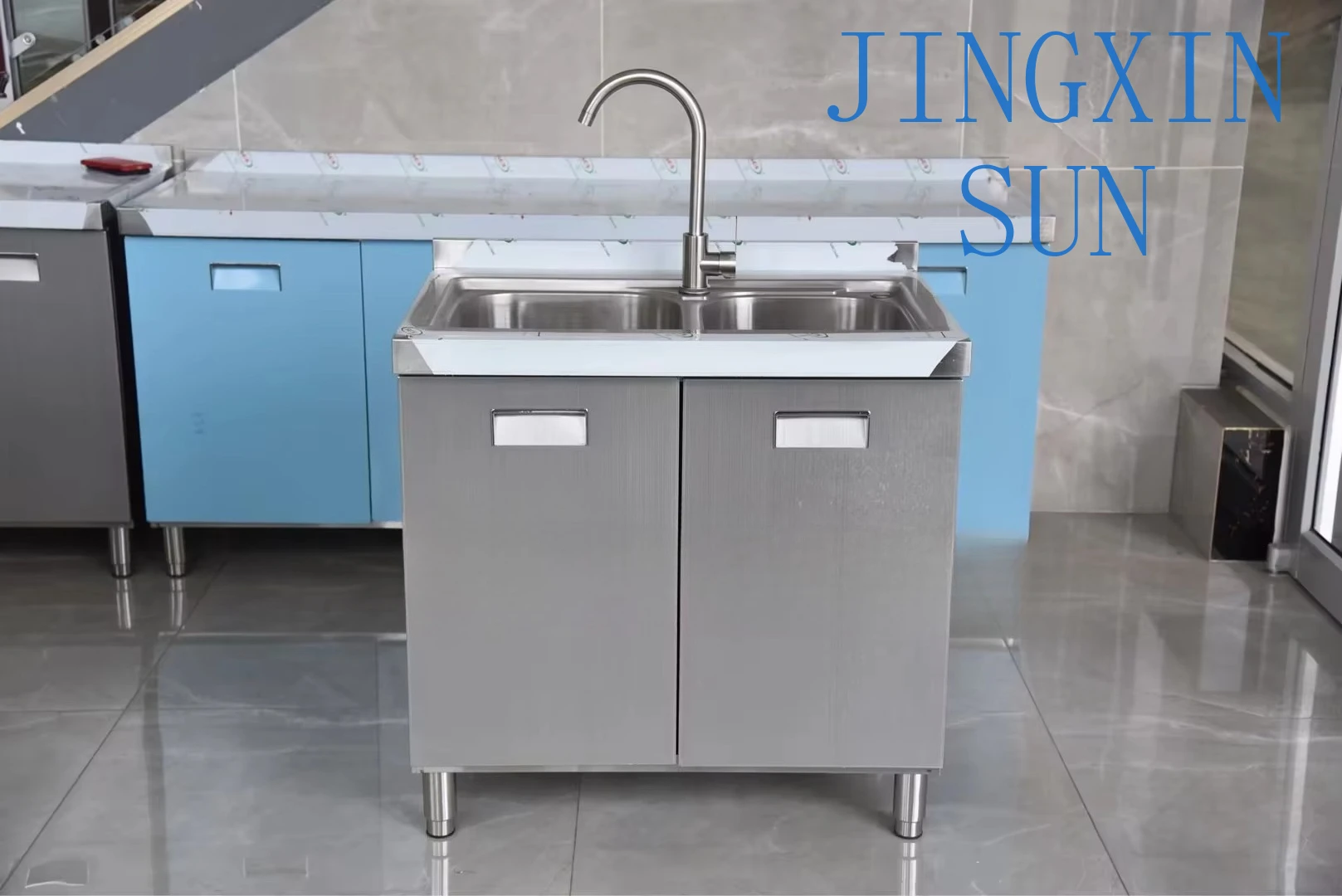 2 Doors Double Sink Cabinet Stainless Steel Kitchen Sink With Shelf Dishwashers Cabinet Organizers