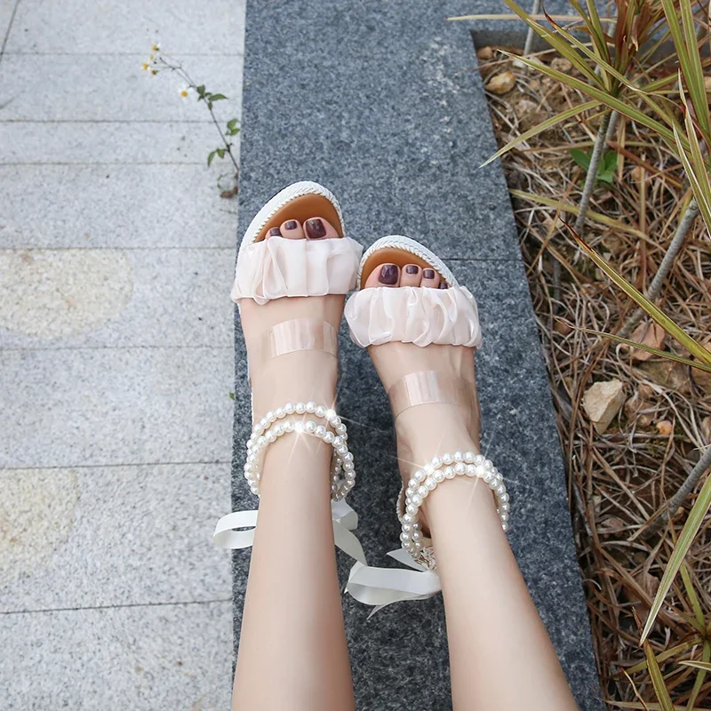 صنادل منصة Fashion-Forward 2025 - لهجات لؤلؤية مثيرة وأشرطة متقاطعة 5.5 كعب عالي سميك أحذية نسائية لحفلات الزفاف/السهرة