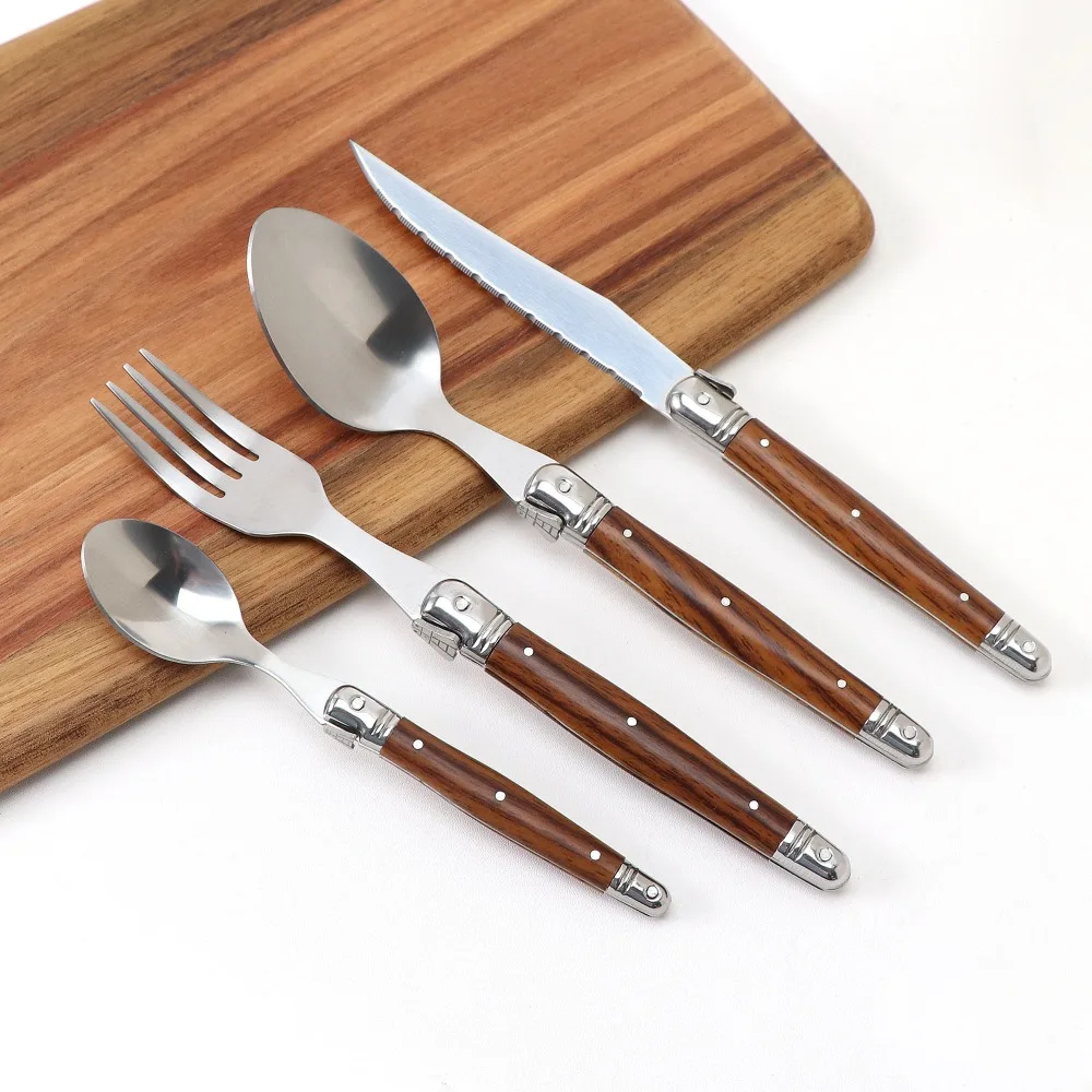 

Stainless steel western knife, fork and spoon set wood grain straight handle steak knife and fork daily utensils