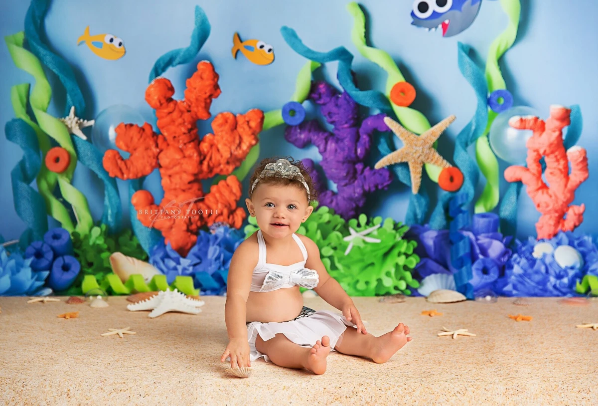 Aquarium Undersea Backdrop Photography Kids Cake Smash Child Baby Birthday Party Props Fish Shark Coral Background Photostudio