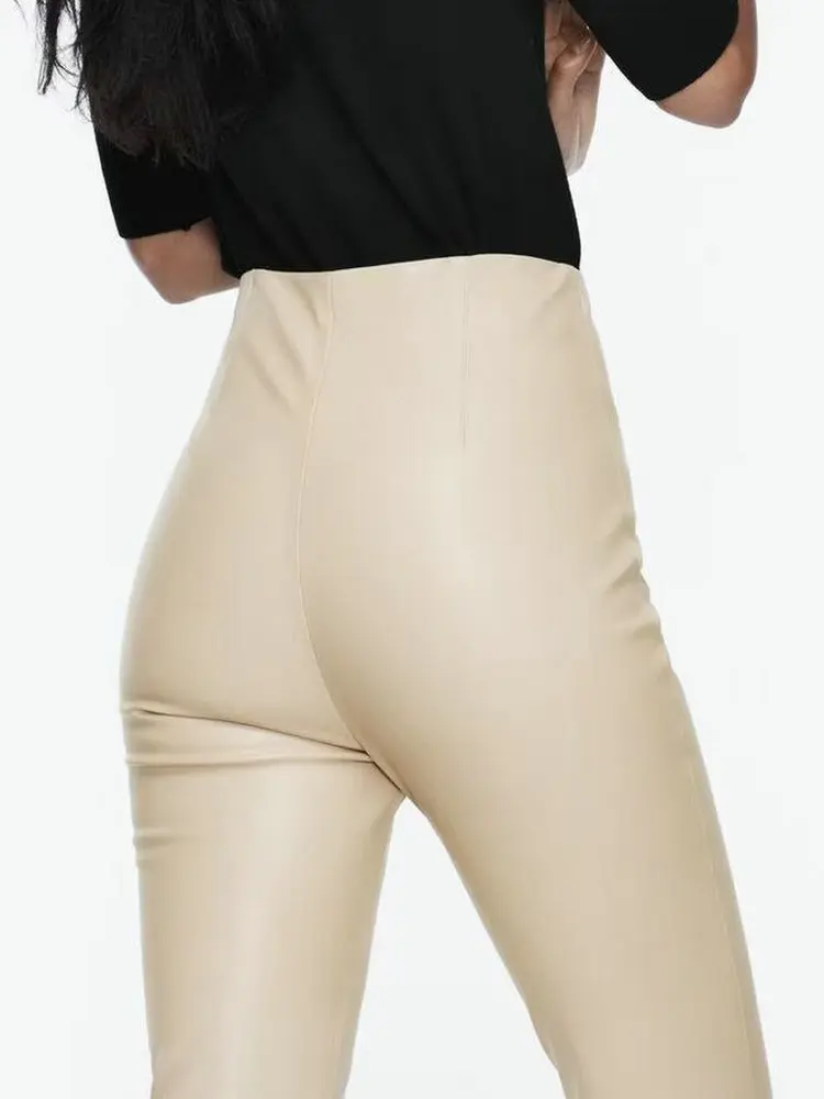 Spodnie damskie Casual Retro High Waist Faux Leather Skinny Trousers Office Lady Fashion Elastic Fleece Beige PU Slim Fit Pencil Pants