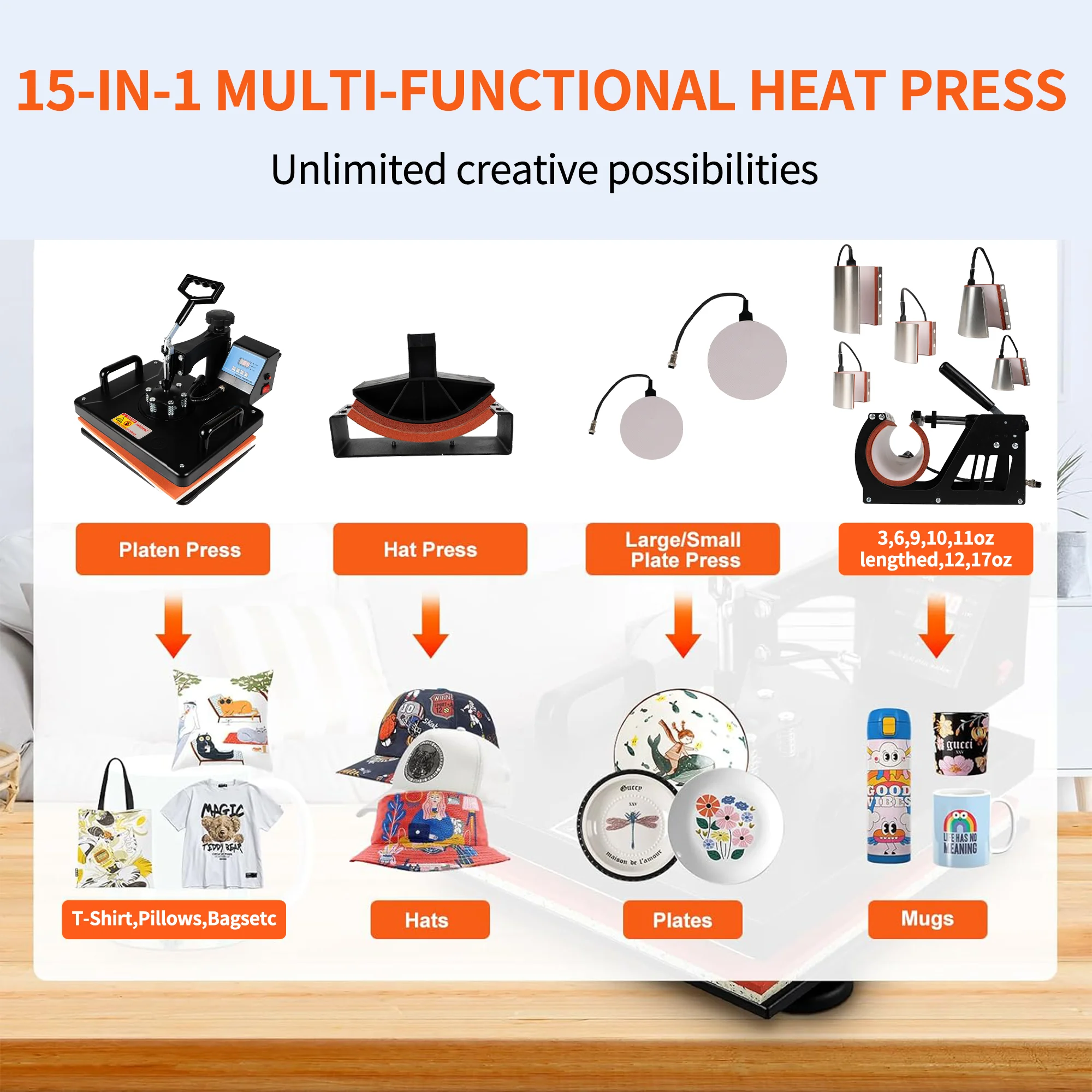 15 In 1 Combo Sublimation Heat Press Machine T Shirt Heat Transfer Printer ℃/℉ For Cap/Mug/Bottle/T-shirts /Phone Case/Pen/Shoe