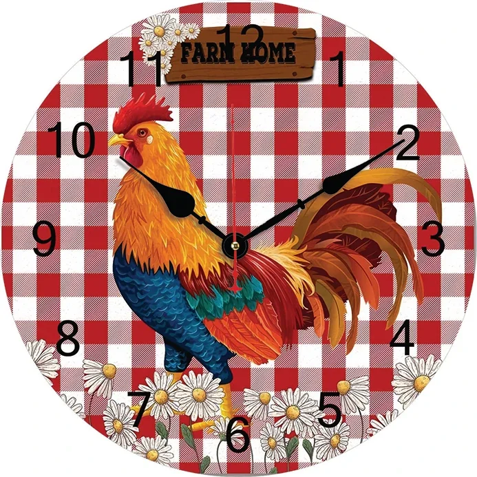 Reloj de pared de granja de gallo y Margarita a cuadros rojo y blanco, decoración de cocina, arte de pared, relojes de pared redondos grandes silenciosos para sala de estar y dormitorio