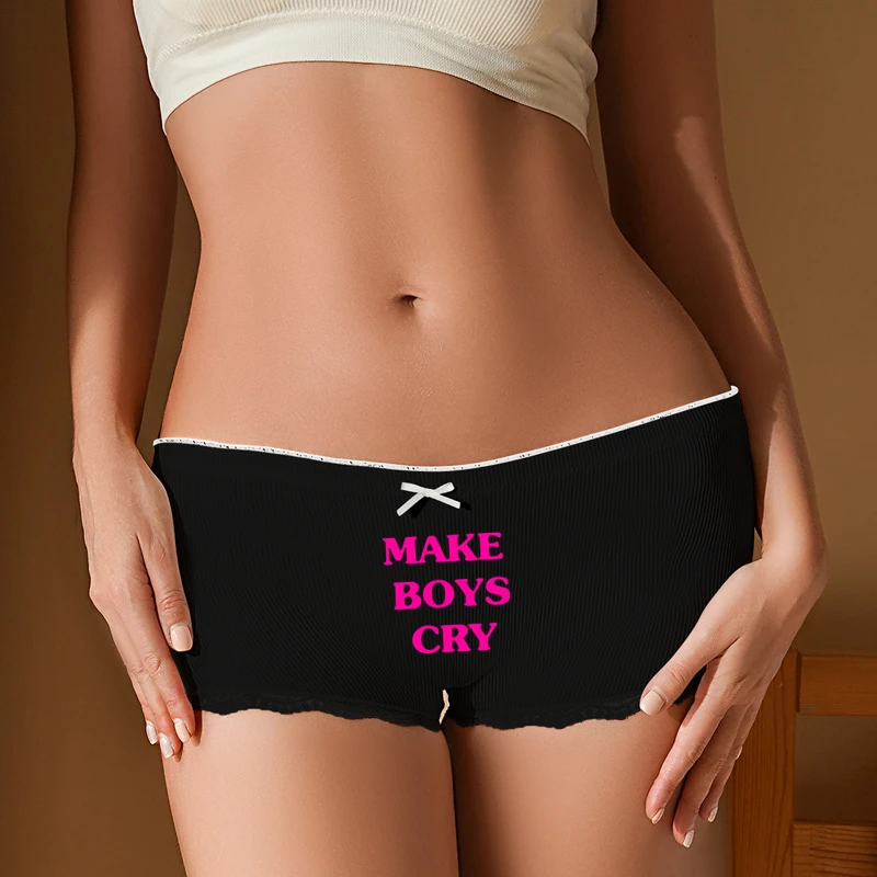 HOT Pink Letters MAKE BOYS CRY Bow Underwear for Women Cute Ladies Shorts Girl\'s Sexy Lace LovelyPanties Comfortable Boyshorts