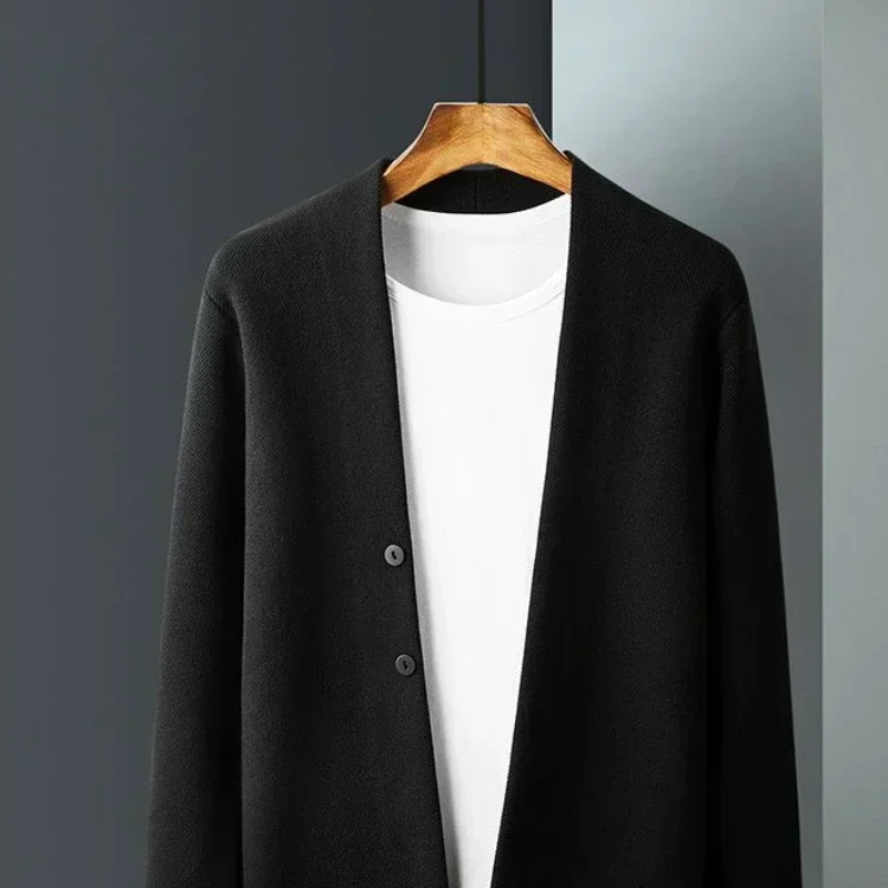 Man Clothes Solid Color Business Black Knitted Sweaters for Men Cardigan Plain Over Fit Knit Long Sleeve 100% Knitwears Mode Old