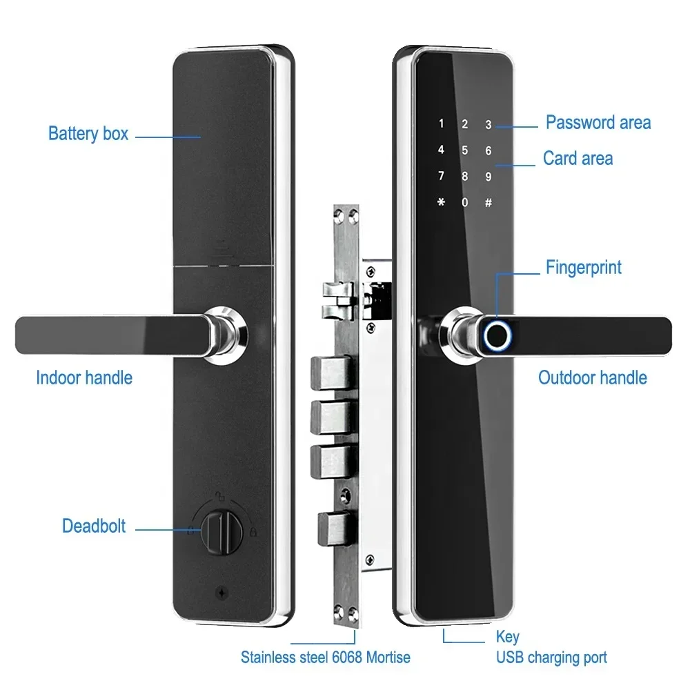 Serrure de porte à empreintes digitales en acier inoxydable doré, serrure à mortaise, serrures intelligentes numériques, sécurité 6068, application Tuya Smart Home