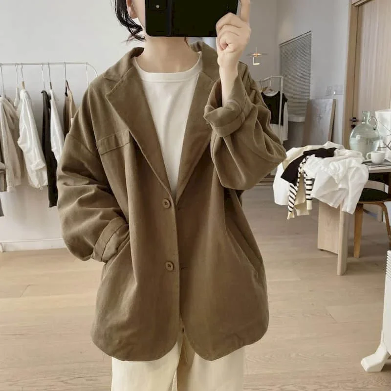 Cotton Blazers for Women Long Sleeve Casual Jackets Korean Style Outerwears Vintage Oversized Solid Workwear Coats Women Tops