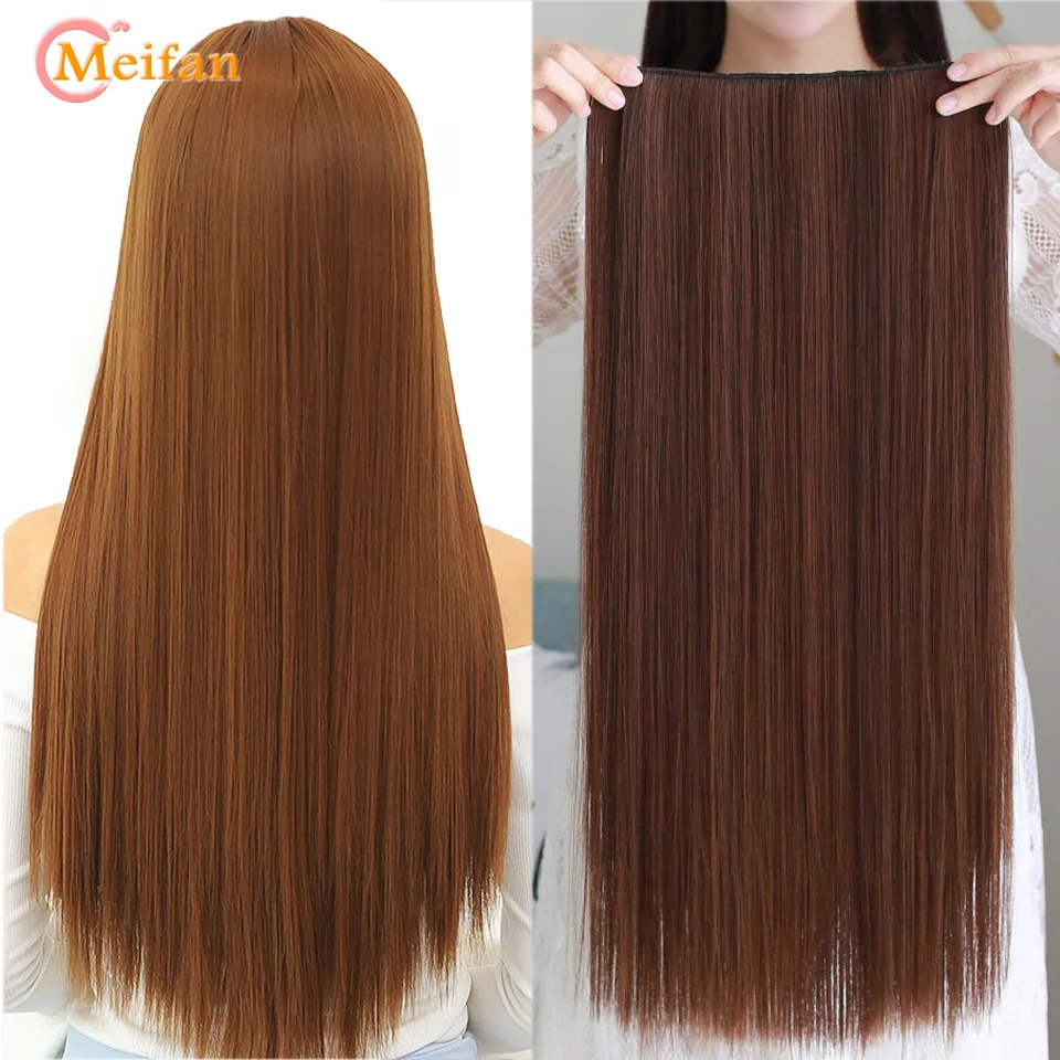 MEIFAN-Longo Sintético Em Linha Reta Natural Pedaços De Cabelo Falso, Resistente Ao Calor, Preto, Marrom, Hairpiece, Extensão Do Cabelo, 5-Clips