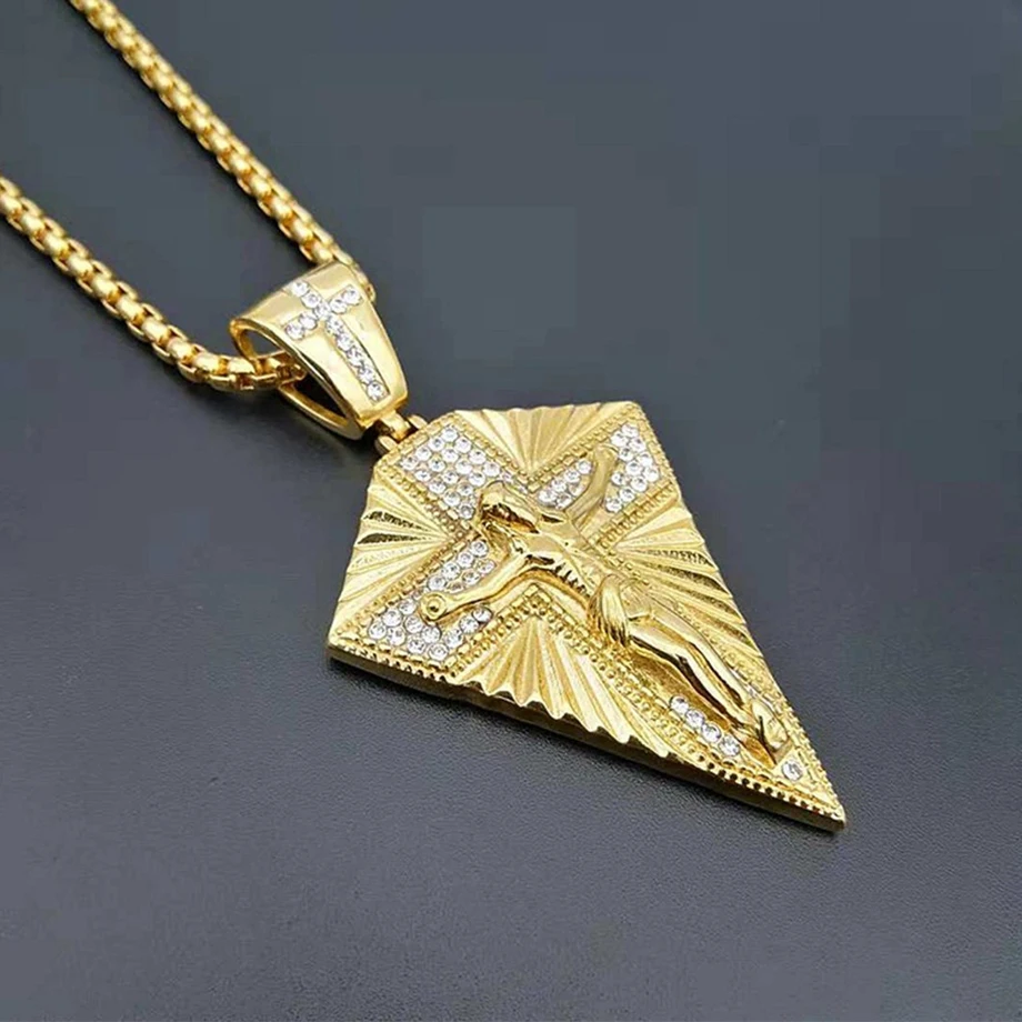 Stainless Steel Big Jesus Cross Pendant & Chain Male Gold Color Paved Rhinestones Crucifix Necklaces For Men Jewelry