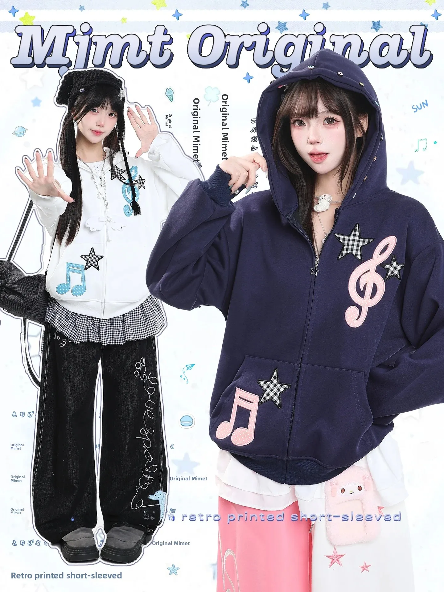 Y2K Note Star Embroidery Hoodie Women's Loose Casual Anti-Aging Jacket Autumn Lazy Style Chic Long Sleeve Zipper Closure Swea...