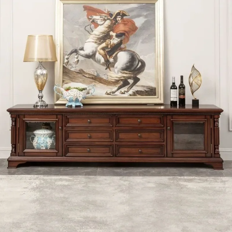 Retro double door six pumping glass storage gold silk teak all solid wood living room furniture floor cabinet