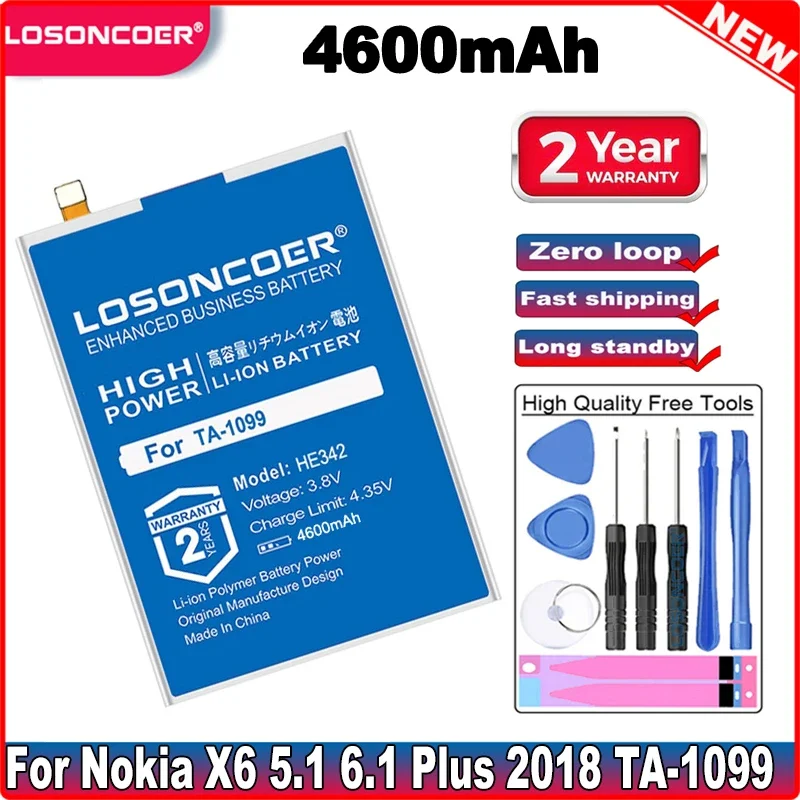 LOSONCOER HE342 HE361 4600mAh For Nokia X6 2018 6.1 Plus TA-1099 TA-1109 X5 5.1 Plus Battery