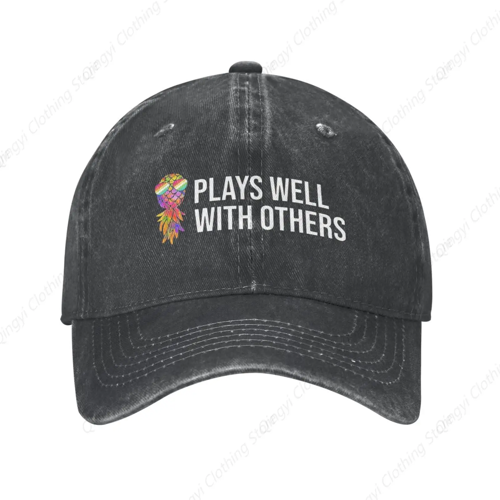 

Plays Well with Others, Upside Down Pineapple Hat Classic Denim Casquette Adjustable Trucker Hats Baseball Cap for Men Women