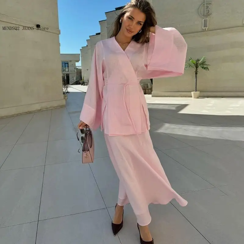Loose Vacation Fashion Women Dress Sets Casual Dress V Neck Lace-Up Long Sleeve Cardigan High Waist Skirt Set