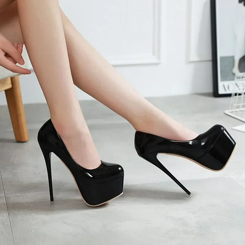 Women Sexy Thin High Heels 16cm Pumps Black Patent Leather Fashion Heels for Women Platform Wedding Nightclub Party Dress Shoes