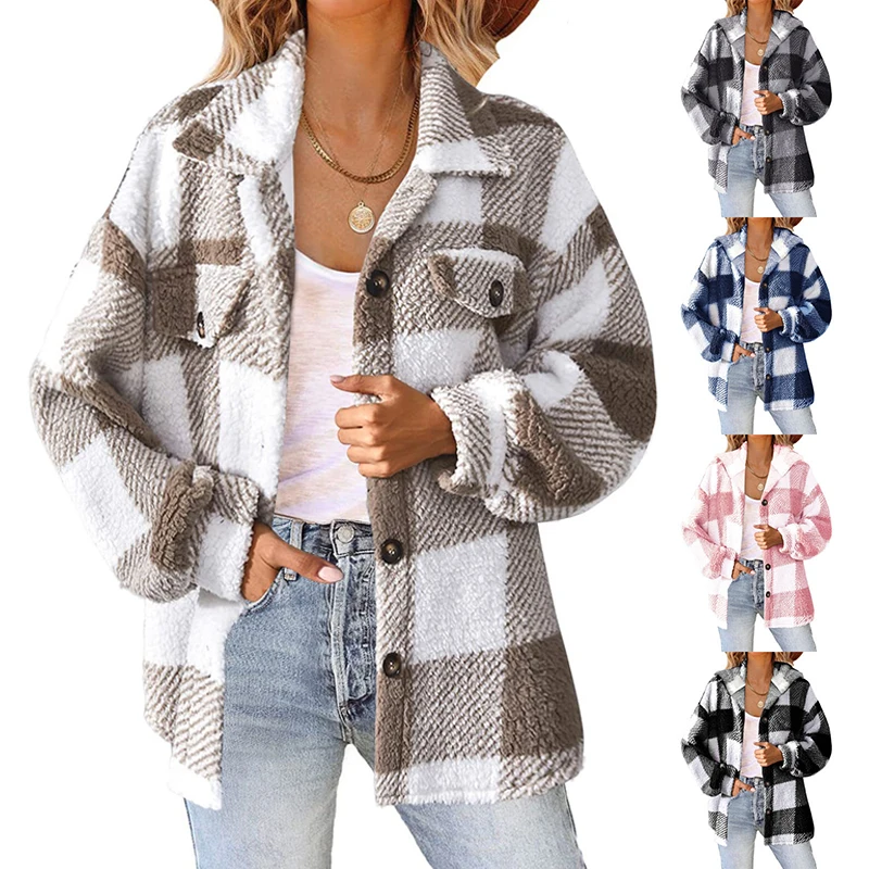 Autumn Winter Women's Plaid Printed Plush Warm Jacket Fashion Lapel Fleece Thickened Long Sleeve Coat Loose Cardigan Coat Tops