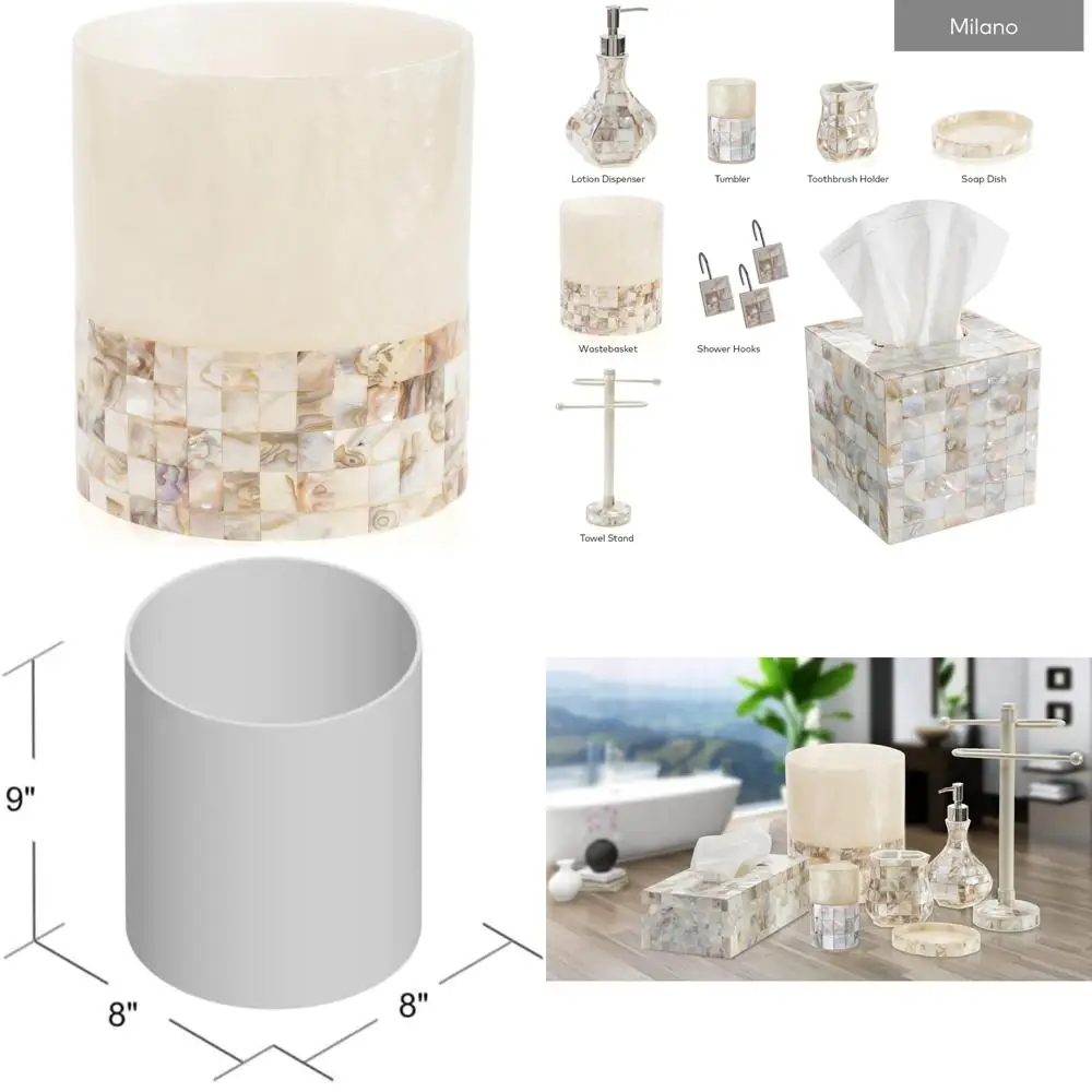 

Decorative 6L Bathroom Wastebasket with Mother of Pearl Shells - Modern Design Small Trash Can for Stylish Interiors