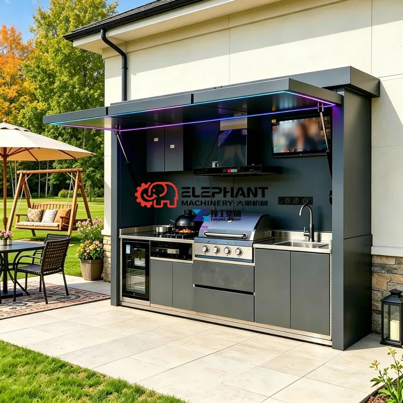 Modular Outdoor Kitchen Pod, Prefab Backyard Kitchen Island | Outdoor Cooking Station with Sink Burners Storage Cabinet