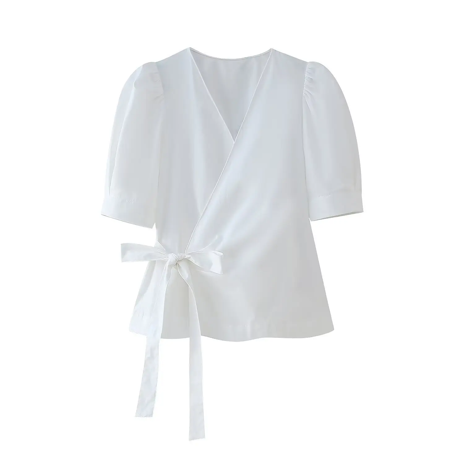 

ZBZA Women's Bow Lace-up Cropped Shirt Slim Fit V-Neck Bubble Short Sleeve Solid Kimono Blouse Spring Summer New Female Chic Top