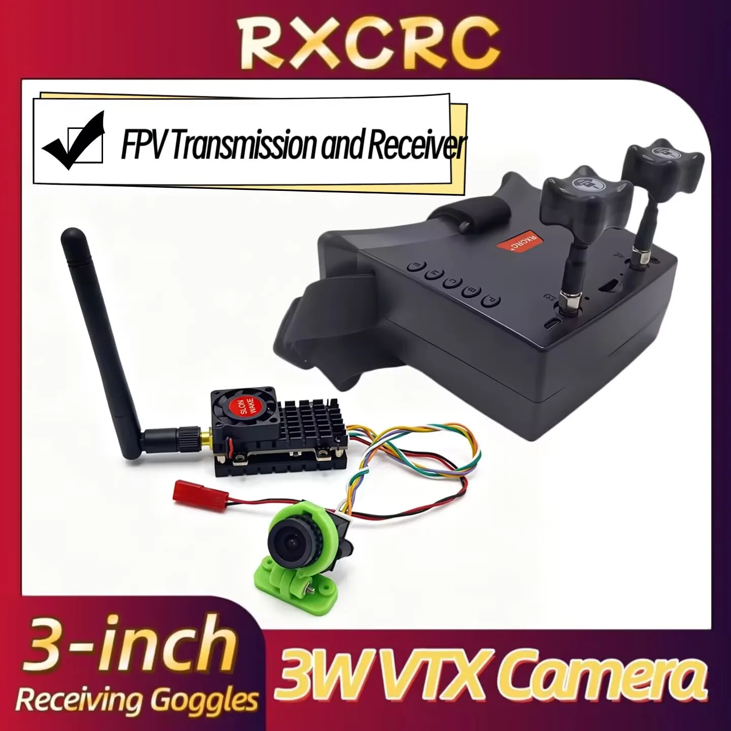 RXC 5.8G 3W VTX transmitter and 1000TVL 135°FOV Camera,with a FPV 3 inch DVR Receiving Goggles For RC Multicopter FPV Drone Part