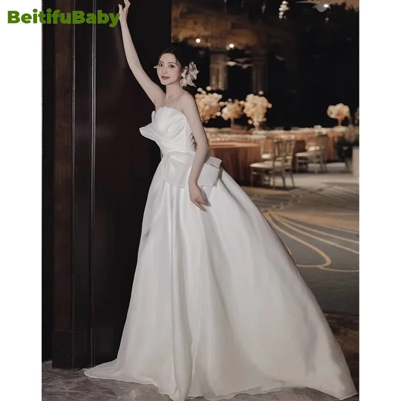 BeitifuBaby French Style Wedding Dress for Women Light Luxury Strapless Bow Organza Bride's Dresses Vestido Elegantes Para Mujer