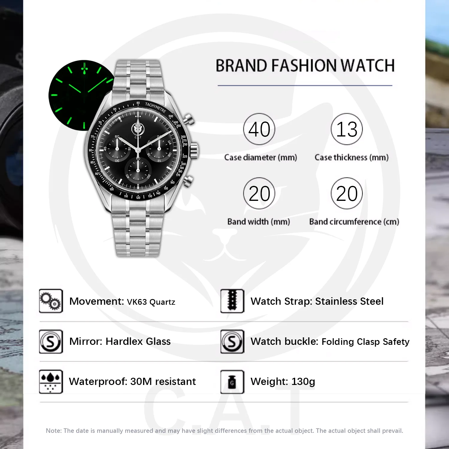 VK63 Хронограф Луна Часы Роскошные Деловые Светящиеся Нержавеющая сталь Водонепроницаемые Настраиваемые Мужские Часы C.A.T Часы WWQ0012