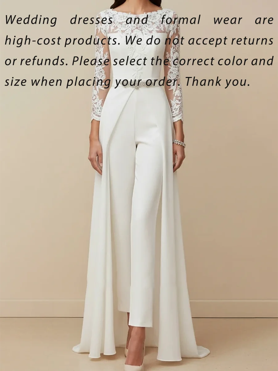 Elegant O-Neck Lace Sashes Full Sleeve Jumpsuit Bride Wedding Dresses Bridal Gowns Customized