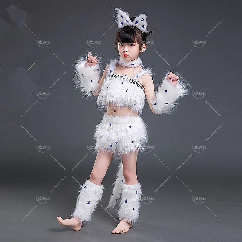 女の子のための白い猫のコスプレ衣装、キツネ、女の子、動物ダンス、ハロウィーン、子供、セクシー