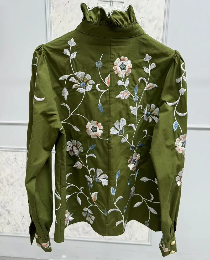 100%Cotton Blouses 2025 Spring Fashion Designer Ladies Allover Colorful Flower Embroidery Long Sleeve Casual Green Shirts Blous