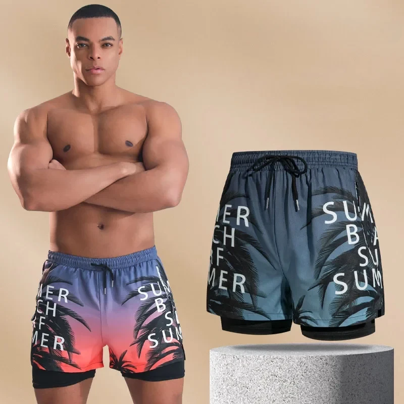 

Double-layer Swim Trunks for Men Boxer Shorts Anti-embarrassment Lined with Professional Beach Pants Adult Swim Gear