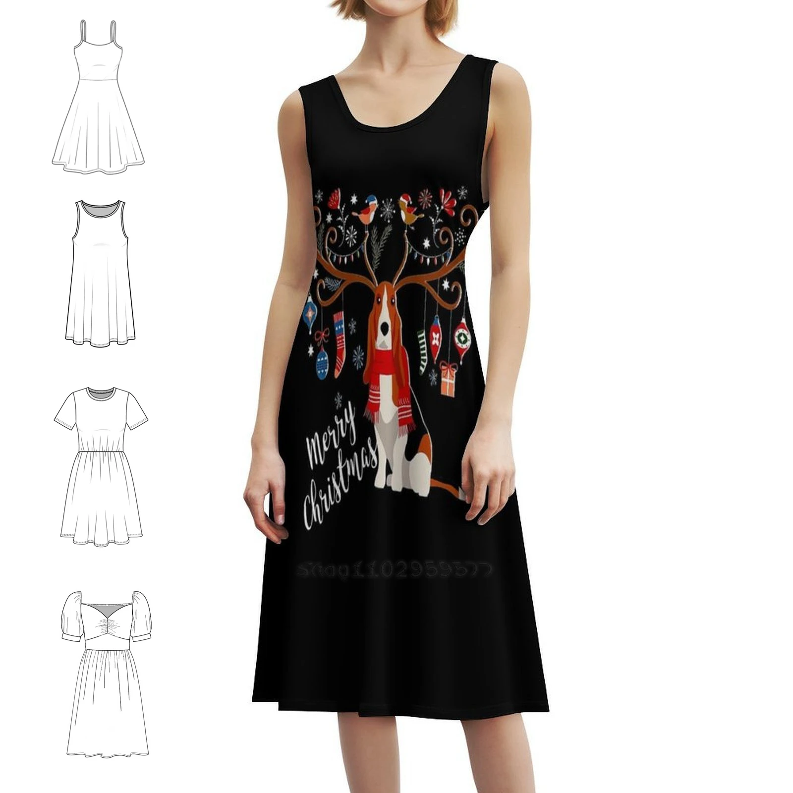 

Basset Hound Gift Christmas Reindeer Dog Preppy Style Mini Dress For Women A-Line Loose Fit Casual Day Dress Basset Hound