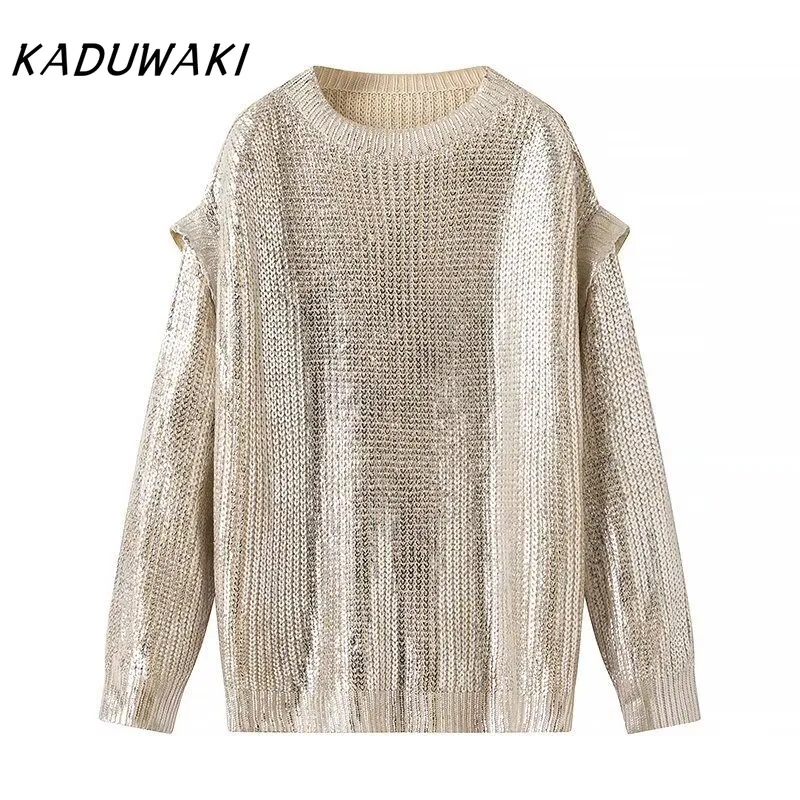 

KADUWAKI American Retro Women Fashion Beige Pullover Knitted Sweater Vintage O-Neck Long Sleeves Female Chic Lady Pullovers Y2k