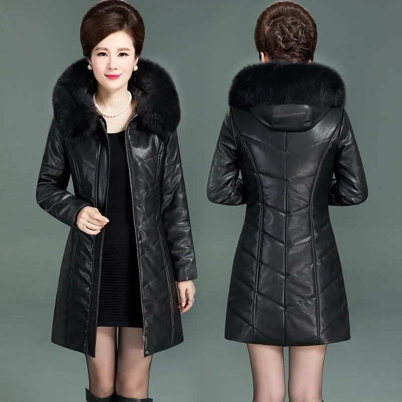 PU Leather Jacket Winter Women Coat Zipper Fur Collar Thicken Cotton Warm Hooded Coat Pu Leather Middle-aged Women Parkas E4866