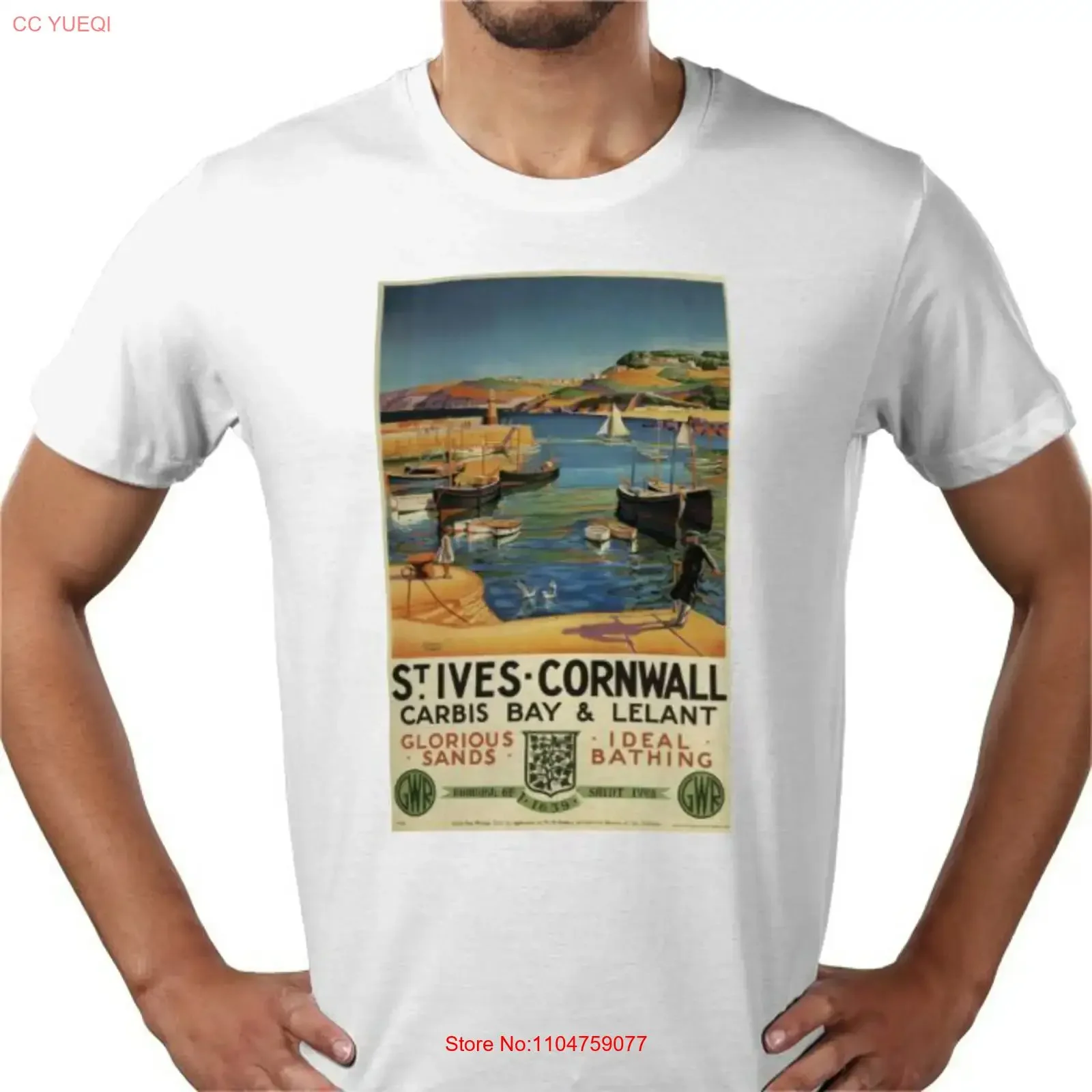 Camiseta con estampado artístico de cartel turístico inglés vintage de St Ives Cornwall, camiseta vintage lavada, suave, a la moda, cómoda, ropa de calle