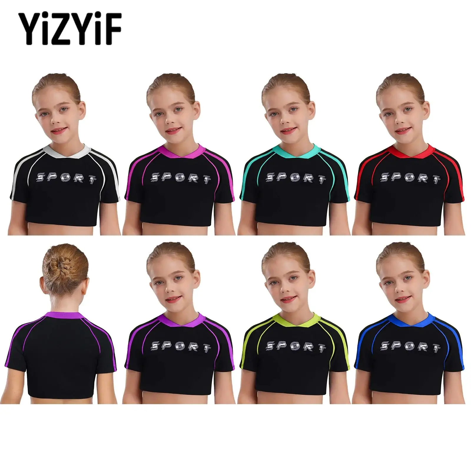 

Girls Cycling Workout Stretchy Tops Kids Color Block Letter Printed Yoga Gym Sport Crop Top V-Neck Soft Short Sleeve T-shirt