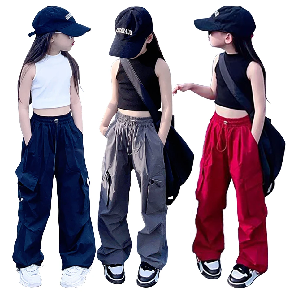 Eco Friendly Unisex Kids Cargo Pants Straight Fit with Elastic Waisted Stylish Soft Comfortable Charming for Daily Use and Dance