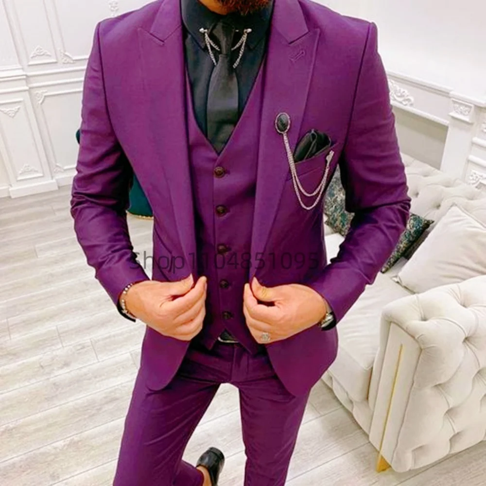 

Wedding 3 Piece Jacket Pants Vest Full Set Luxury Single Breasted Peak Lapel Blazer Male Clothing Business Men's Suits
