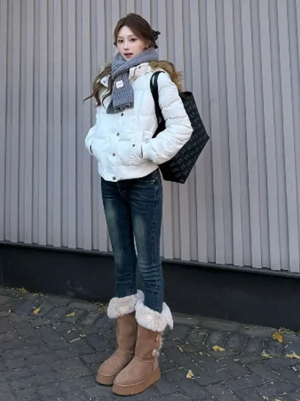 

Стильная короткая хлопковая куртка с капюшоном, в корейском стиле, свободного кроя, с длинными рукавами, на пуговицах, с меховой отделкой, весенняя верхняя одежда для женщин