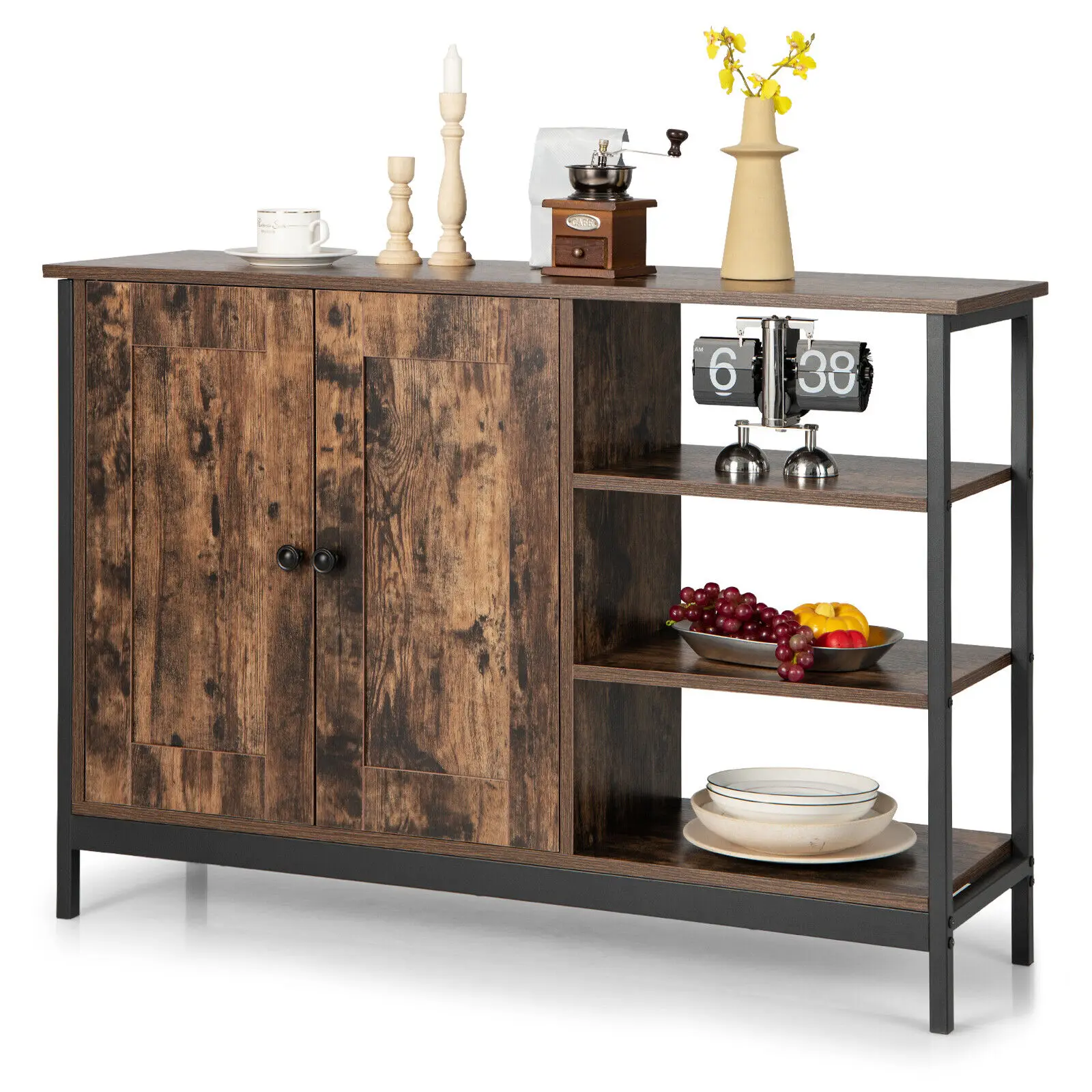 Costway 2-Door Industrial Kitchen Storage Cabinet Buffet Sideboard Open Shelves